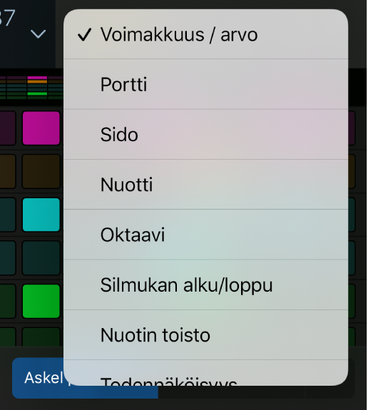 Muokkaustilan valitsin, jossa on auki valikko, jossa näkyy muokkaustiloja.
