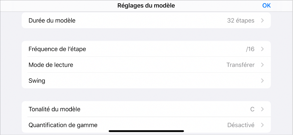 Menu Réglages du modèle.
