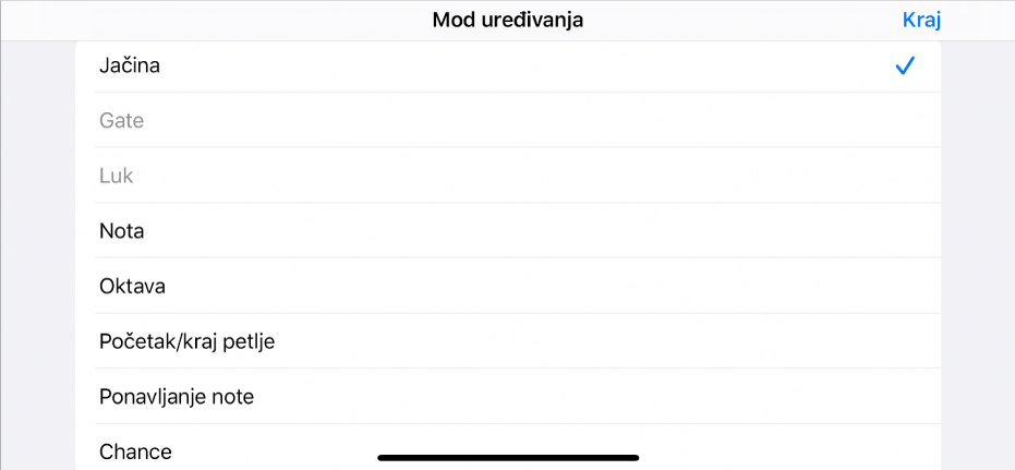 Podredak prikazuje izbornik modova uređivanja.