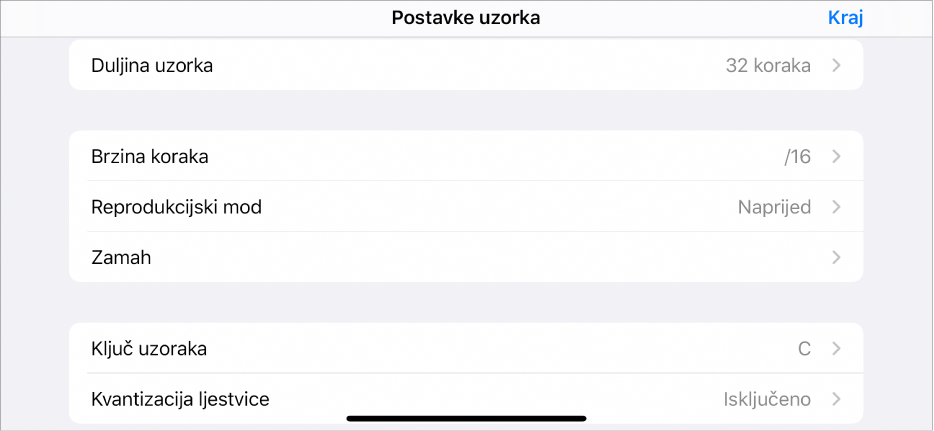 Izbornik postavki uzorka.