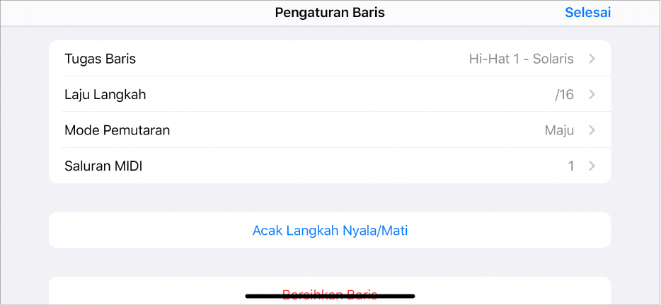 Menu Pengaturan Baris.