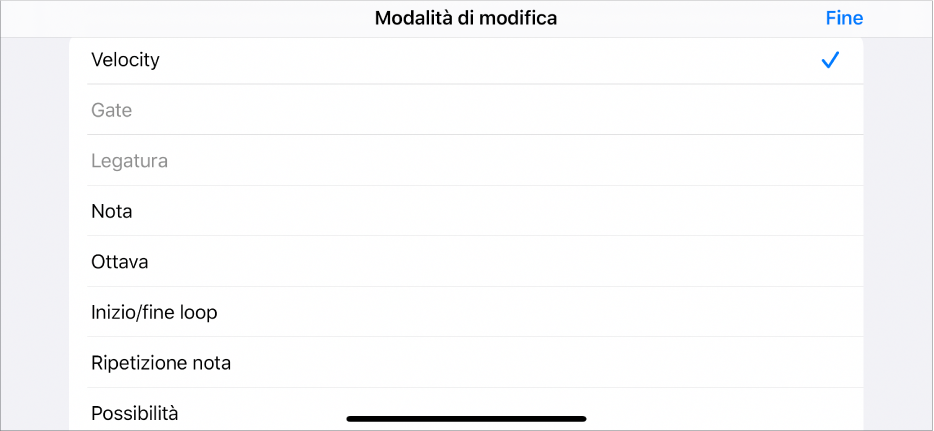 Riga secondaria che mostra il menu “Modalità di modifica”.