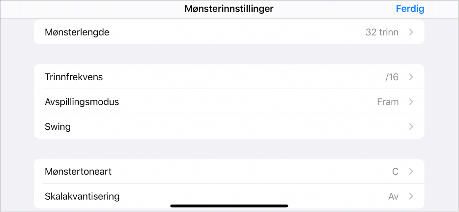 Mønsterinnstillinger-meny.