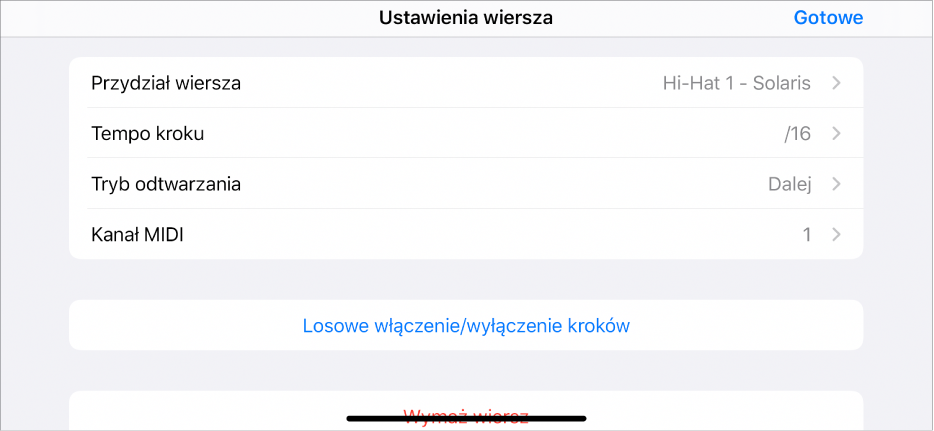Menu ustawień wiersza.