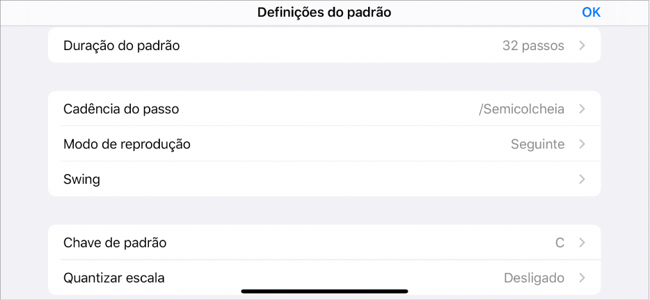Menu Definições de padrão.