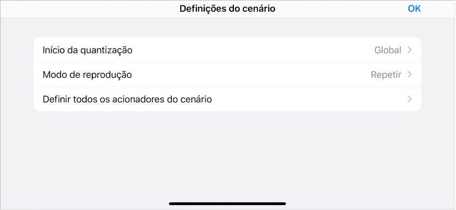 Menu Definições de cenário.