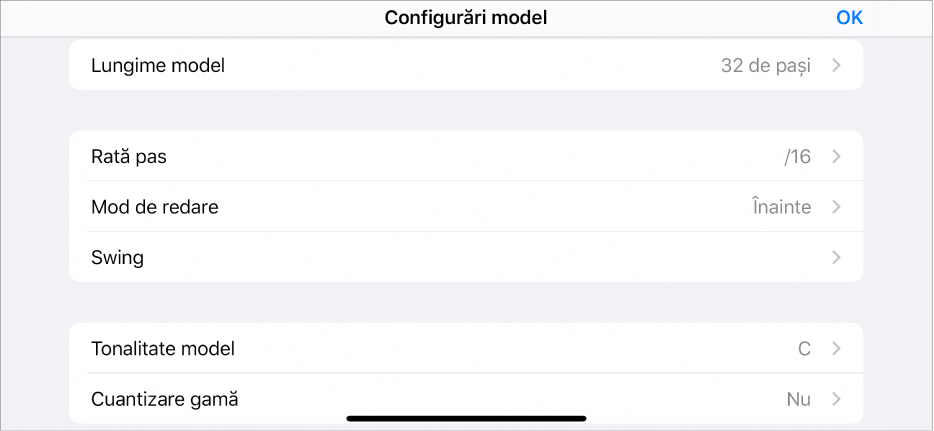 Meniul Configurări model.