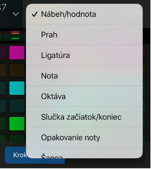 Selektor Režim úprav s otvoreným menu, zobrazuje režimy úprav.