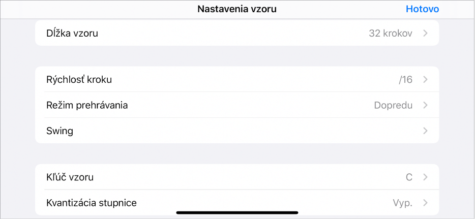 Menu Nastavenia riadka.