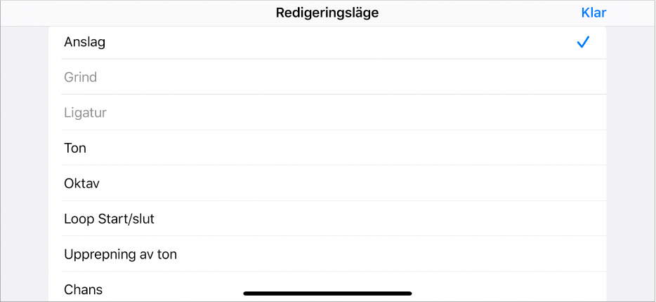 Underrad med menyn Redigeringsläge.