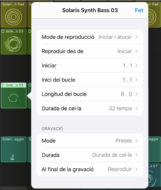 Menú de configuració de cel·les.