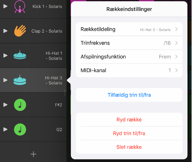 Menuen Rækkeindstillinger.