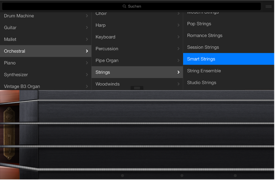 Abbildung. Touch-Instrument „Strings“ mit Mediathek.