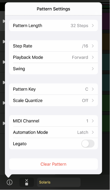 Pattern Settings menu.