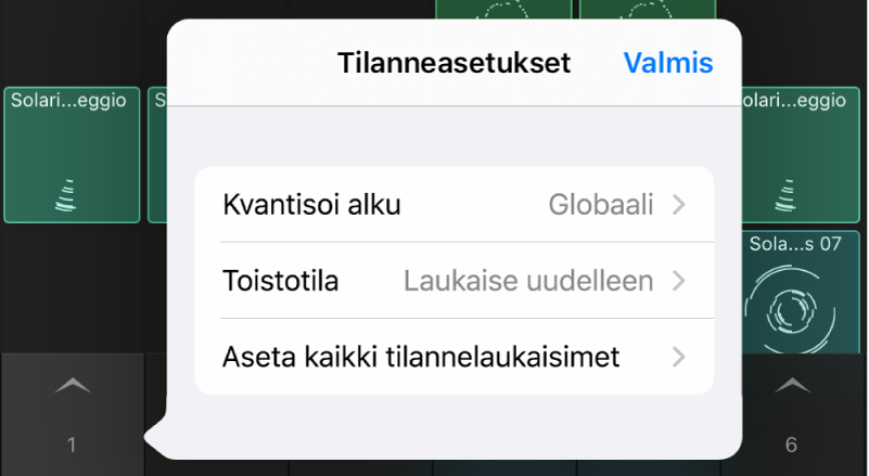 Tilanteen Asetukset-valikko.