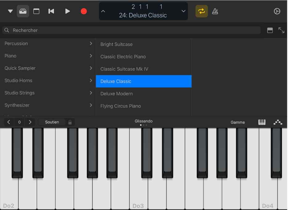 Figure. Bibliothèque qui occupe la moitié de l’écran au-dessus de l’instrument Touch.