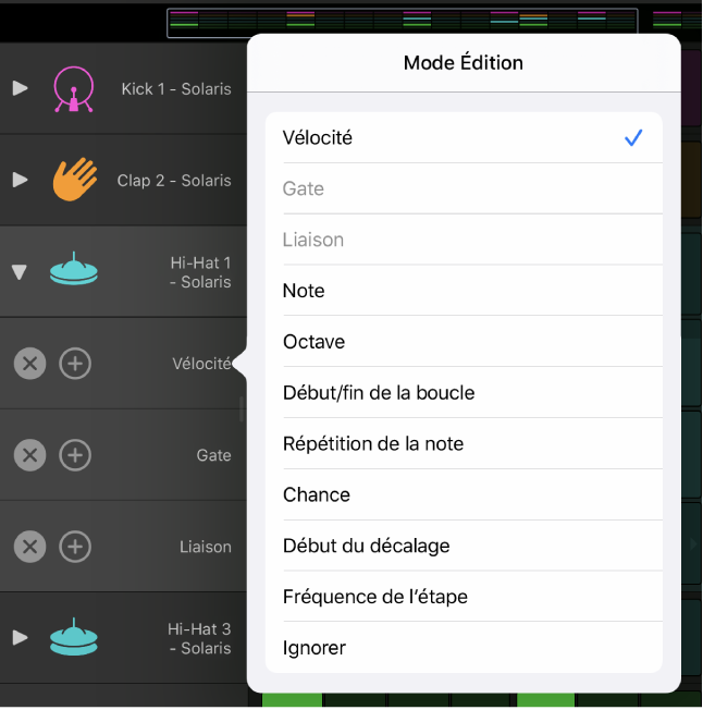 Sous-rangée affichant le menu Mode Édition