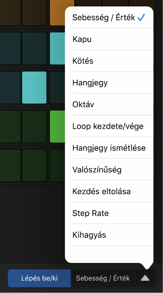 A Szerkesztési mód kiválasztója a megnyitott menüvel és a szerkesztési módokkal.