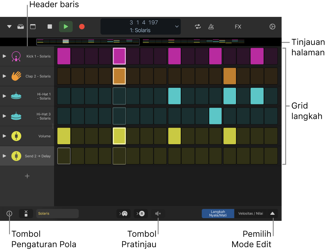 Pengurut Langkah menampilkan grid langkah, header baris, dan kontrol lainnya.