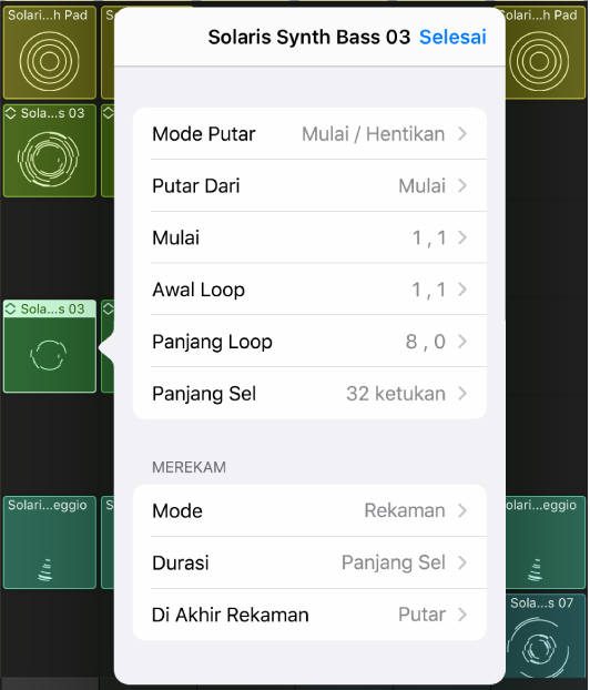 Menu Pengaturan sel.