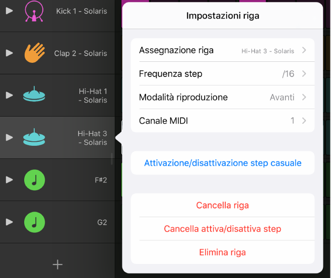 Menu delle impostazioni della riga.