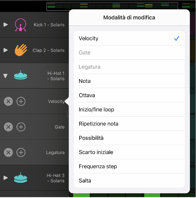 Riga secondaria che mostra il menu “Modalità di modifica”.