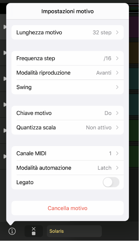 Menu delle impostazioni del motivo.