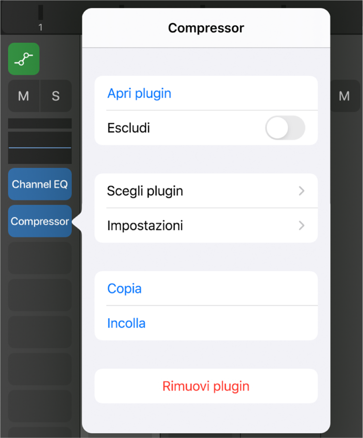 Figura. Didascalia che mostra il menu a comparsa Compressore.