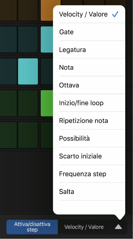 Selettore delle modalità di modifica con il menu aperto che mostra le modalità di modifica.