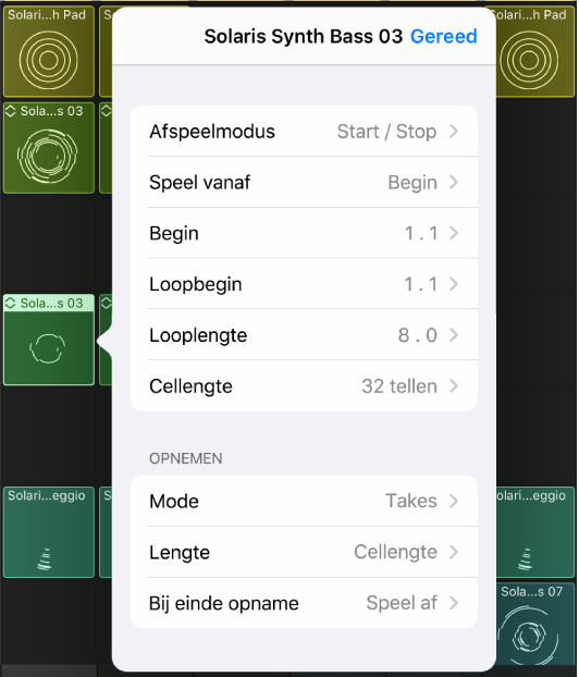 Instellingenmenu voor cellen.