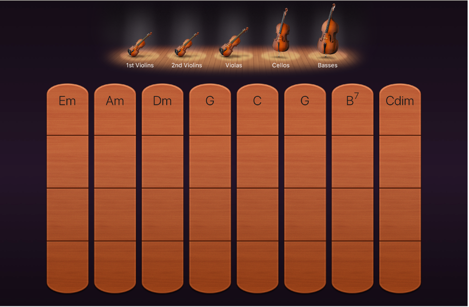 Ilustracja. Paski akordów instrumentu smyczkowego.