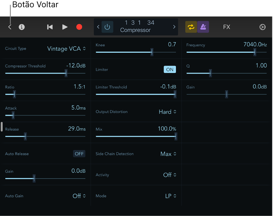 Figura. Mostrando os controles do plug-in Compressor.