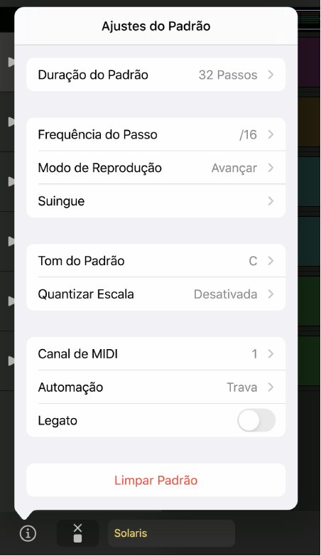 Menu Ajustes do Padrão.