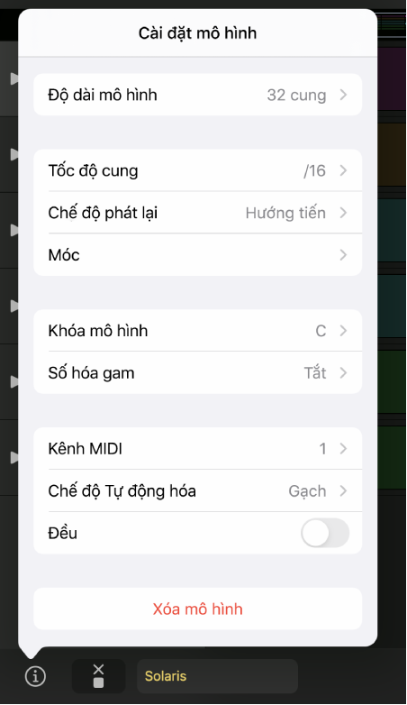 Menu Cài đặt Mô hình.