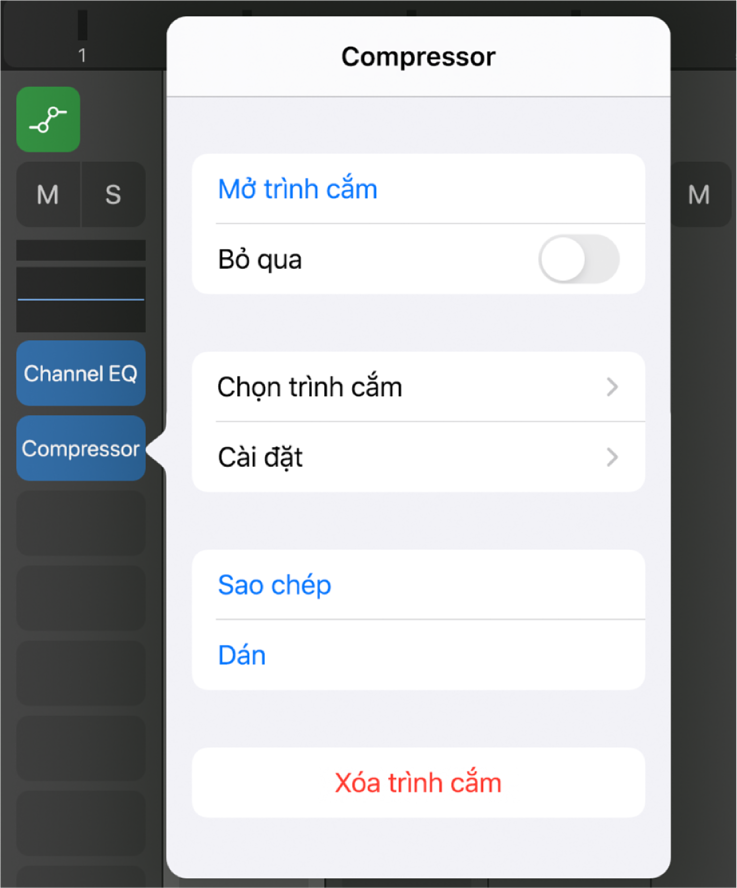Hình. Hiển thị menu bật lên của Compressor.