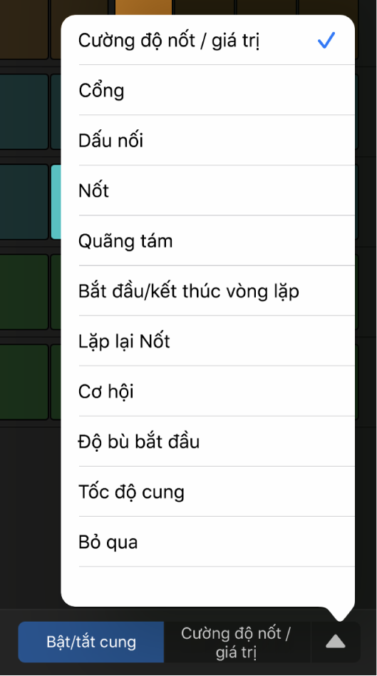 Bộ chọn Chế độ sửa với menu được mở, đang hiển thị các chế độ sửa.
