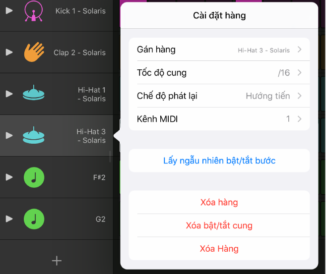 Menu Cài đặt hàng.