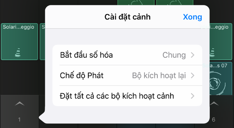 Menu Cài đặt cảnh.