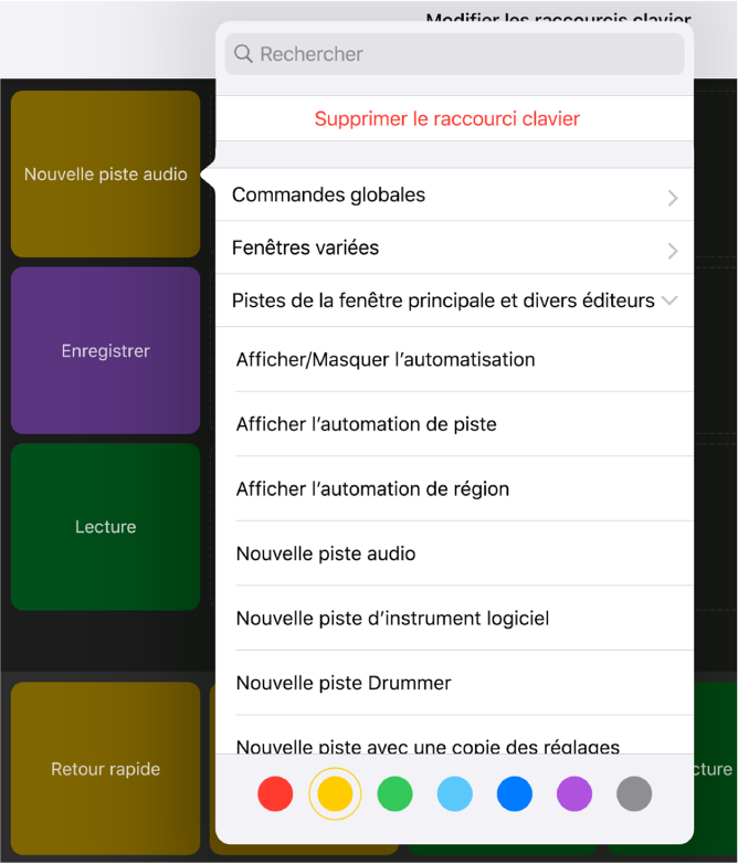Figure. Menu contextuel Raccourcis clavier.