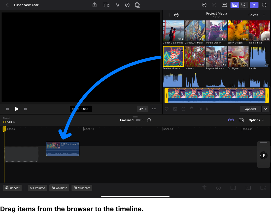 Der Hauptarbeitsbereich in Final Cut Pro für das iPad mit einer Clip-Miniatur, die aus dem Browser in die Timeline bewegt wird.