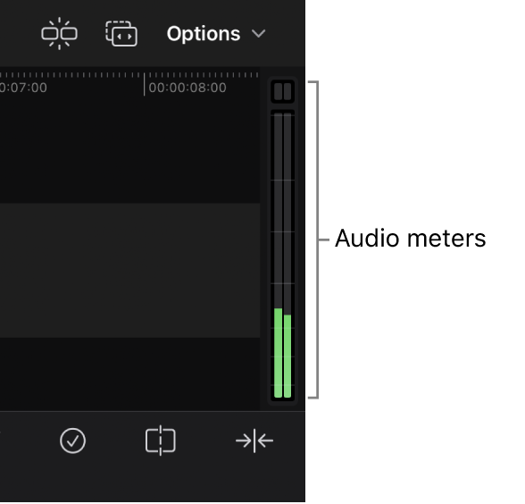 Audio meters shown on the right side of the timeline.