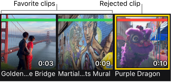 Clip thumbnails in the media browser showing favorite ratings (a horizontal green bar) and a rejected rating (a horizontal red bar).