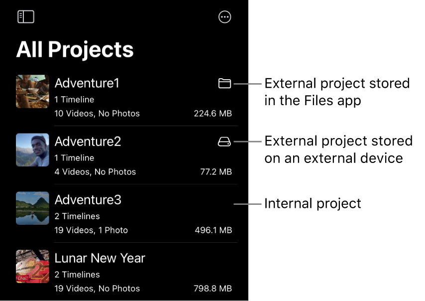 Projects in the project list, with icons indicating projects that are stored in the Files app or on an external device.