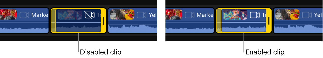 The same clip shown disabled and enabled in the timeline.