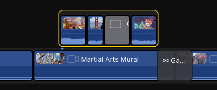 Connected clips shown combined into a connected storyline above the primary storyline, with a gap clip filling in the space between two clips.