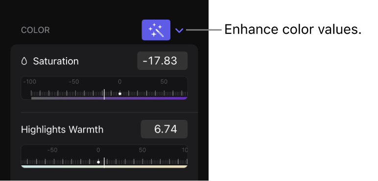 The Effects tab of the inspector showing the Enhance button for the Color section.