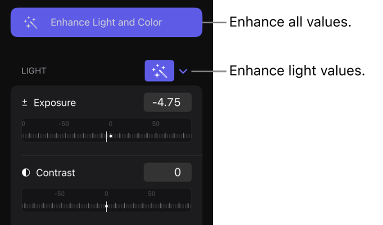 The Effects tab of the inspector showing the Enhance Light and Color button and the Enhance button for the Light section.