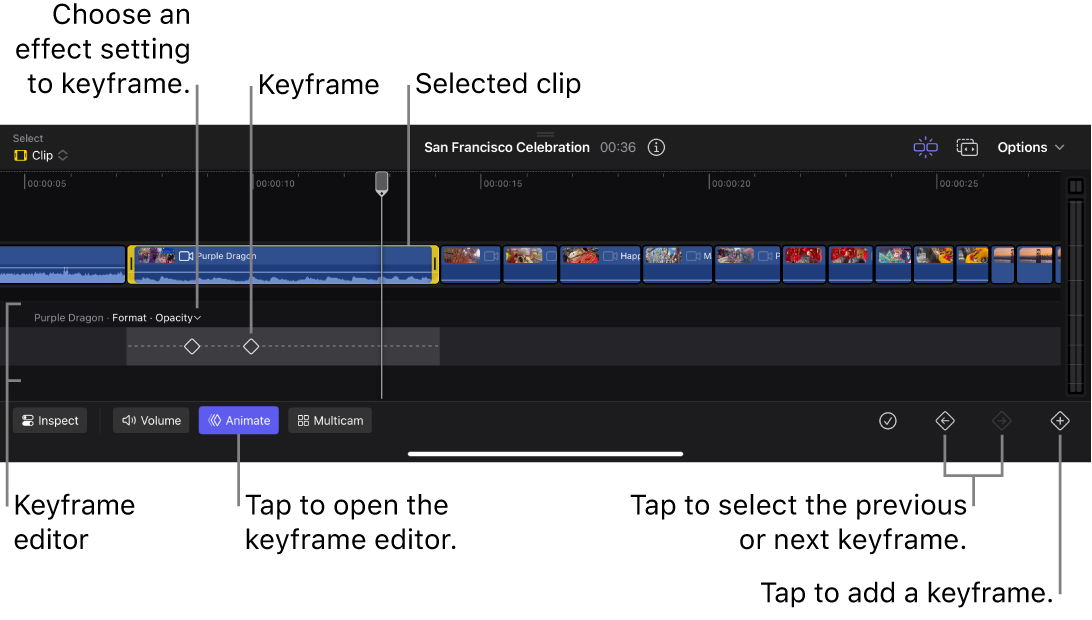 La línea de tiempo con el editor de fotogramas clave, un clip seleccionado con fotogramas clave, botones para pasar al fotograma clave anterior y siguiente, y un botón para añadir fotogramas clave.