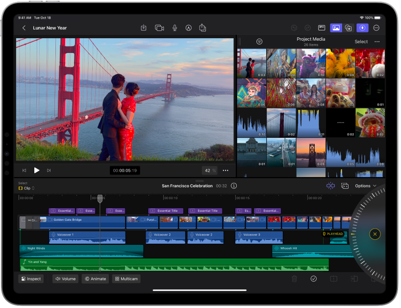 Ventana de Final Cut Pro para el iPad que muestra el visor, el explorador y la línea de tiempo.