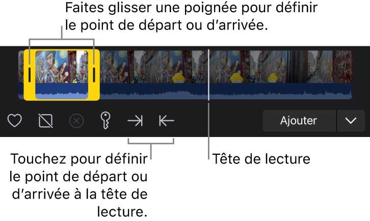 Pellicule du navigateur multimédia avec une plage sélectionnée, des poignées de point de départ et d’arrivée jaunes, des boutons pour définir les points de départ et d’arrivée et la tête de lecture (trait vertical blanc).